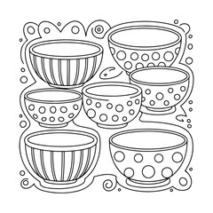 Decorative Ceramic Bowls Line Art – Hand-Drawn Kitchenware Coloring Page, Coloring Pages for Kids & Adults, line art vector illustration, Easy