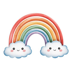 Watercolor rainbow with two smiling clouds on a black background