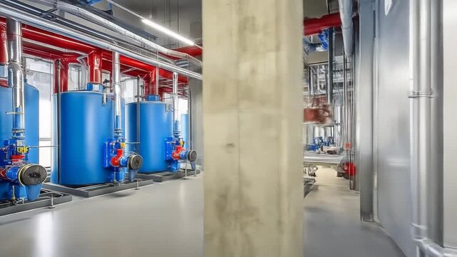 Industrial facility showcasing a series of large blue boilers and pumps, with red piping overhead, emphasizing modern engineering in a well-lit environment