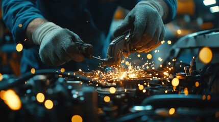 Close Up of a Mechanic's Hands Repairing an Engine with Bright Sparks