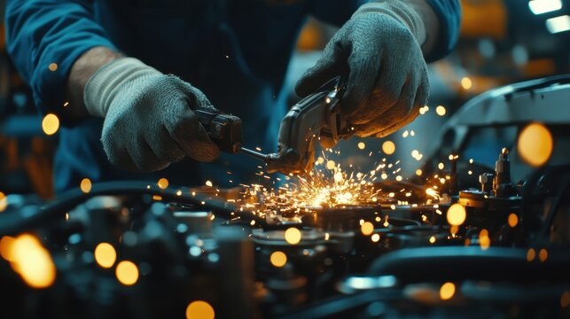 Close Up of a Mechanic's Hands Repairing an Engine with Bright Sparks