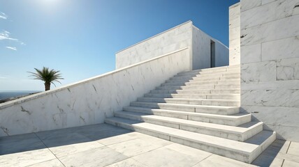 Modern white marble building with a wide staircase and ramp leading up under a clear blue sky architecture