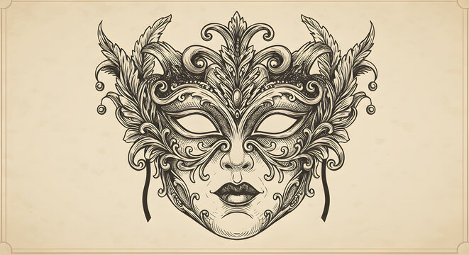 Detailed Vintage Engraved Carnival Mask with Floral Ornament Decoration Art