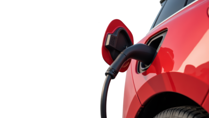 Electric vehicle charging station red car eco friendly technology sustainable energy electric car charging cable modern design automotive
