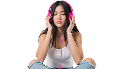 Young woman enjoying music with pink headphones, sitting cross legged, wearing white tank top and ripped jeans, exuding relaxed vibe