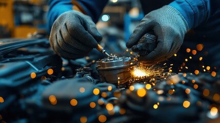 Close up of Mechanic's Hands Repairing a Car Engine with Sparks