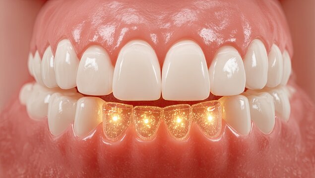 Close-up of a 3D model mouth with teeth and dental braces, glowing lights