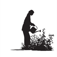 Silhouette of a Woman Gardening and Watering Plants – Vector Illustration
