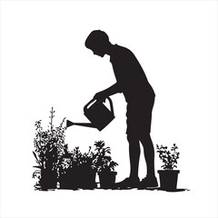 Man Silhouette Watering Garden Plants – Vector Illustration