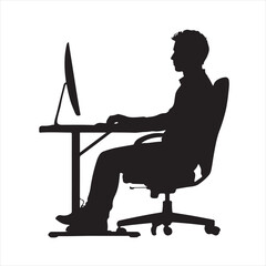 Black Silhouette of a Male Worker Sitting at a Computer Desk Working – Vector Illustration