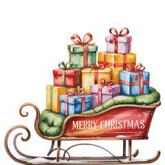 Watercolor christmas sleigh filled with colorful wrapped presents and festive bows