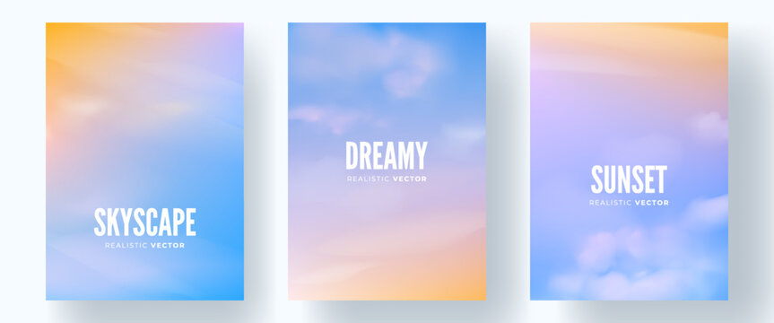 Set of realistic sky backgrounds. Bright sunset skyscapes with soft white clouds. Dreamy illustration, pastel sunrise view. Vector templates for cover, poster, banner, flyer, leaflet.