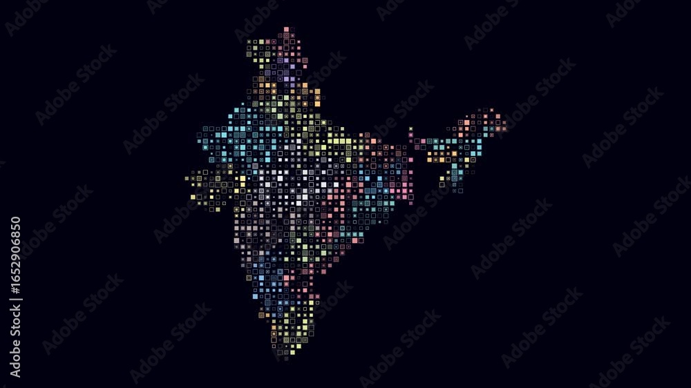Poster india map animation. shape of the country with pulsating colored dots. small size square blocks. dig