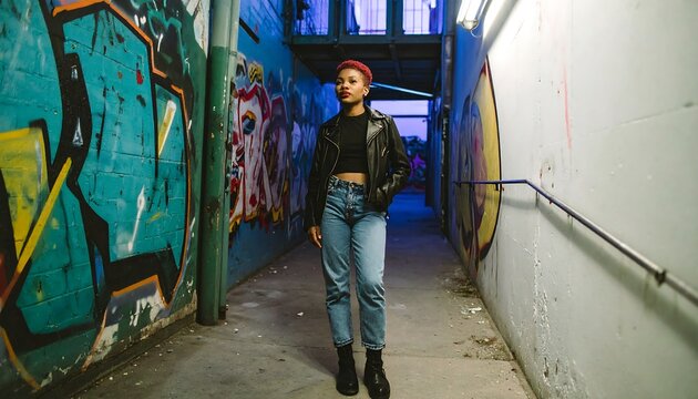 A young woman in stylish denim jeans and a black leather jacket strolls through a graffiti-covered alleyway at twilight.