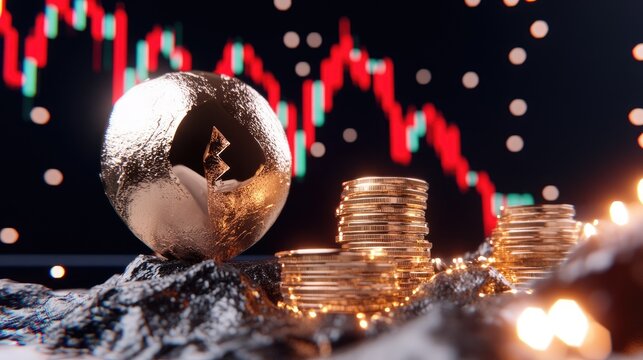 Golden Ethereum Sphere on Volcanic Rock with Falling Stock Market Graph
