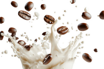 Fototapeta premium Coffee beans splashing into milk isolated on transparent background