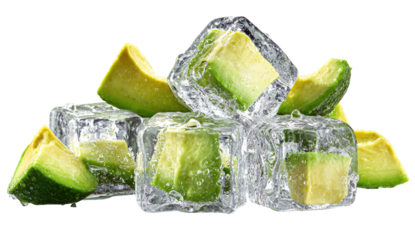 Fresh avocado slices nestled in clear ice cubes