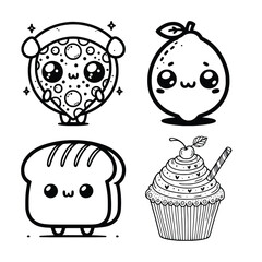 Vector art of set of four charming black and white kawaii illustrations featuring anthropomorphic food items a happy pizza slice, a cheerful lemon, a cute loaf of bread, and a delightful cupcake with 