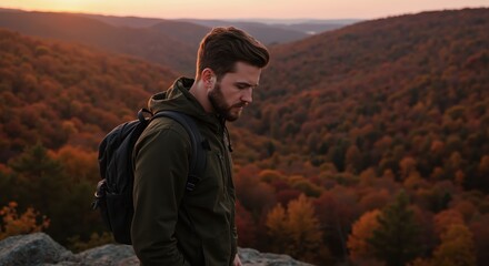 Young man standing with backpack at sunset in autumn forest  