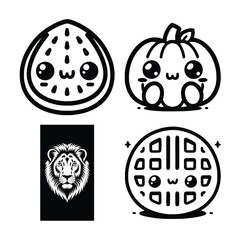 Obraz premium Vector art of a vibrant set of four kawaii characters, including a happy watermelon slice, a cute pumpkin, a smiling waffle, and a majestic lion head, all presented in a distinctive black and white il
