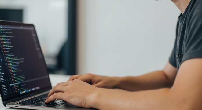 Man typing code on laptop in modern office environment, closeup of hands on keyboard, concept of programming, software development and technology projects, for designer use, horizontal