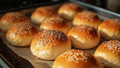 Delicious Homemade Bread Rolls With Seeds On Baking Sheet: A Tempting Image Of Hot, Freshly Baked Goodness.