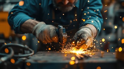 Closeup of a Blacksmith Working with Sparks Flying from Metal