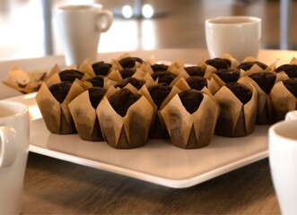Chocolate muffins on a tray with coffee cups 