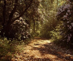 Obraz premium Sun-Drenched Path Through a Lush Forest of Blooming Rhododendrons