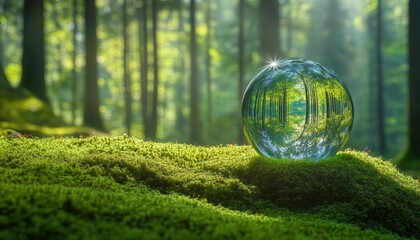 Eco-Friendly Green Business In Nature: Crystal Ball Resting On Moss In Lush Forest Promotes Environmental Conservation And Sustainability Worldwide.