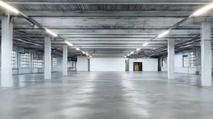 A spacious, modern industrial warehouse featuring polished concrete floors and exposed beams, with natural light streaming through large windows, ideal for events or creative spaces