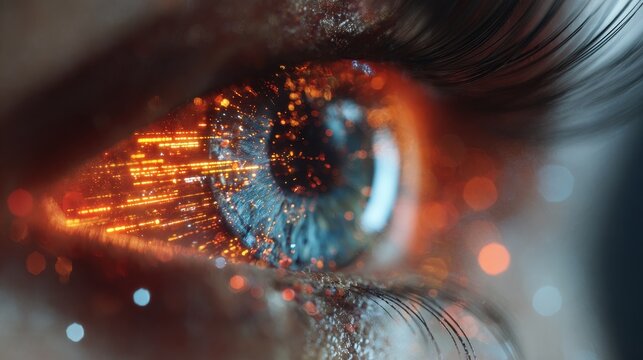 Detailed Human Eye Showing Digital Light Trails Representing Future Tech and Artificial Intelligence
