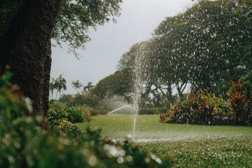 Obraz premium Tropical lawn being watered by sprinkler. Rain falling. Blurred trees