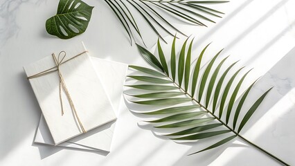 Overhead view of white books and green tropical leaves on a marble surface with sunlight and shadows