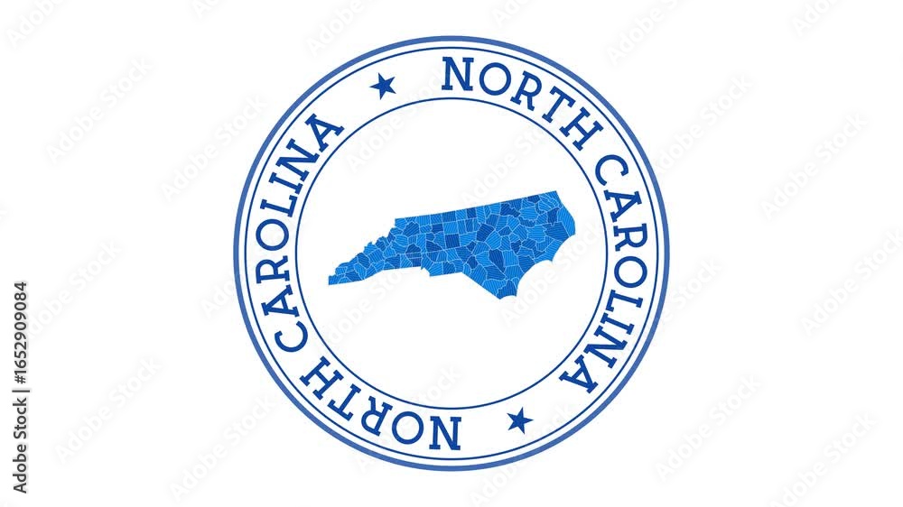 Poster north carolina intro. badge with the circular name and map of us state. north carolina round logo an