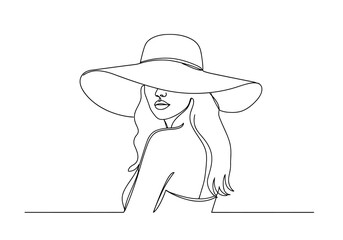 Elegant woman wearing a wide brim hat in continuous line art style