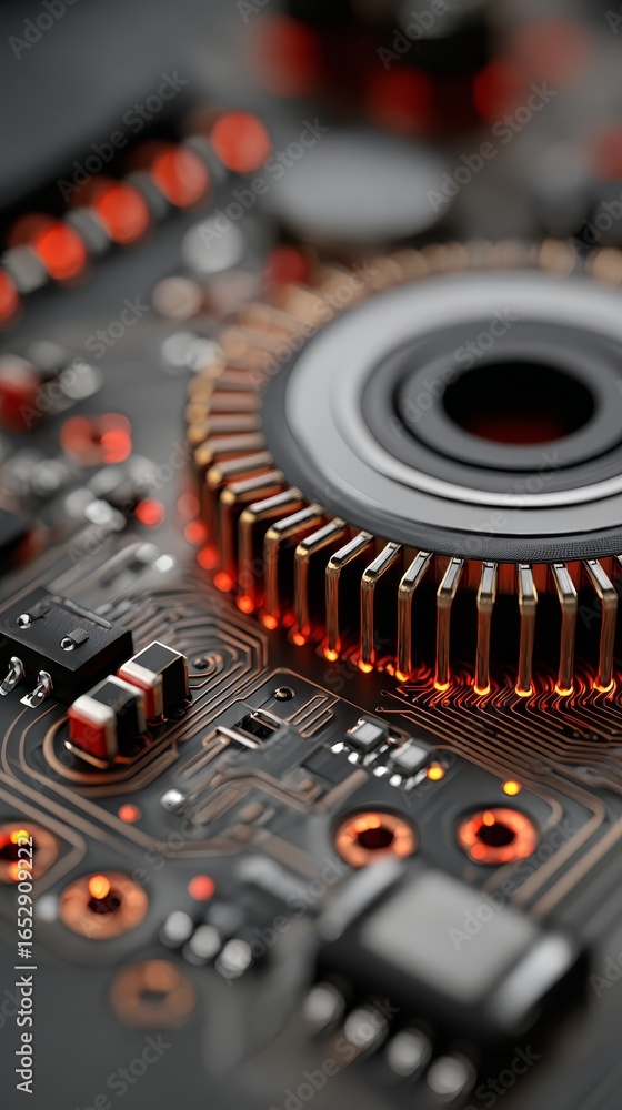 Poster intricate glowing red lights illuminate the complex circuitry of a central processing unit in a macr