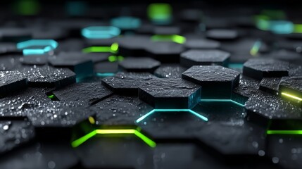 Futuristic abstract background with dark hexagonal geometric patterns and glowing neon blue and green lights
