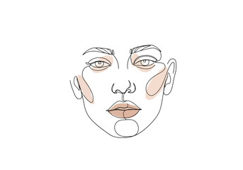 Minimalist continuous line drawing of a woman s face with blush accents