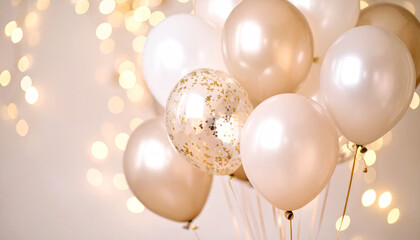 Elegant group of white, gold, and clear confetti balloons with a sparkling bokeh background, perfect for celebrations and party themes.