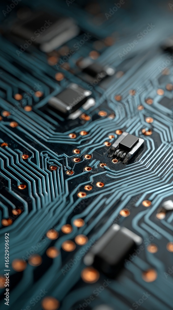 Poster intricate macro view of a modern electronic circuit board focusing on the complex pathways solder po
