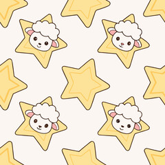 Cute cartoon sheep faces and yellow stars seamless pattern lamb animal