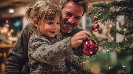 Father and Daughter Decorating Christmas Tree Together