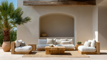 Luxurious outdoor seating area featuring wooden coffee table, plush white cushions, and natural fiber rug. serene environment is enhanced by palm trees and minimalist design
