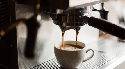 Photo of a modern espresso machine brewing coffee into a ceramic cup. Rich crema forms as coffee...