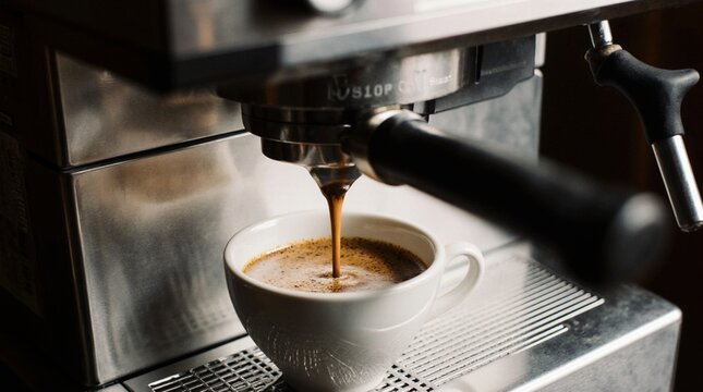 Photo of a modern espresso machine brewing coffee into a ceramic cup. Rich crema forms as coffee pours. Perfect for cafe branding, packaging, and product design.