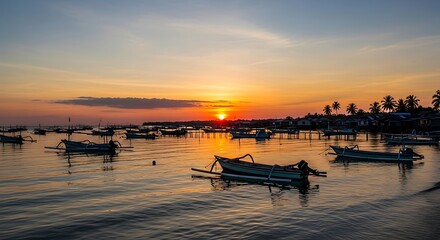 Peaceful Tropical Sunset Over a Bay with Traditional Fishing Boats.