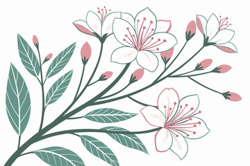 Delicate cherry blossoms bloom with soft pink buds and green leaves on elegant branches, evoking spring's gentle beauty and natural grace.