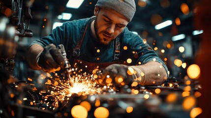 Focused Male Metalworker Grinding Metal with Bright Sparks in Dark Industrial Setting