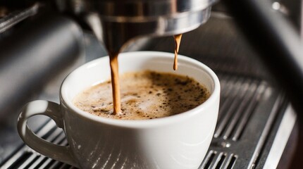 Photo of a modern espresso machine brewing coffee into a ceramic cup. Rich crema forms as coffee pours. Perfect for cafe branding, packaging, and product design.